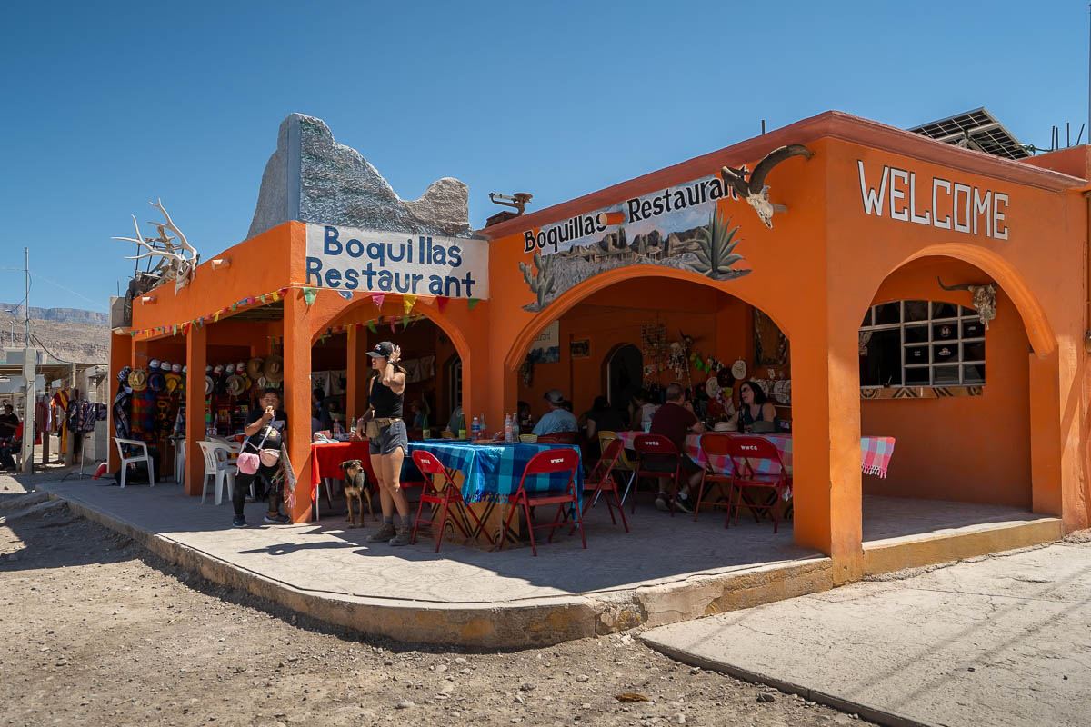 Tourists sitting outside of the Boquillas Restaurant in Boquillas del Carmen, Mexico