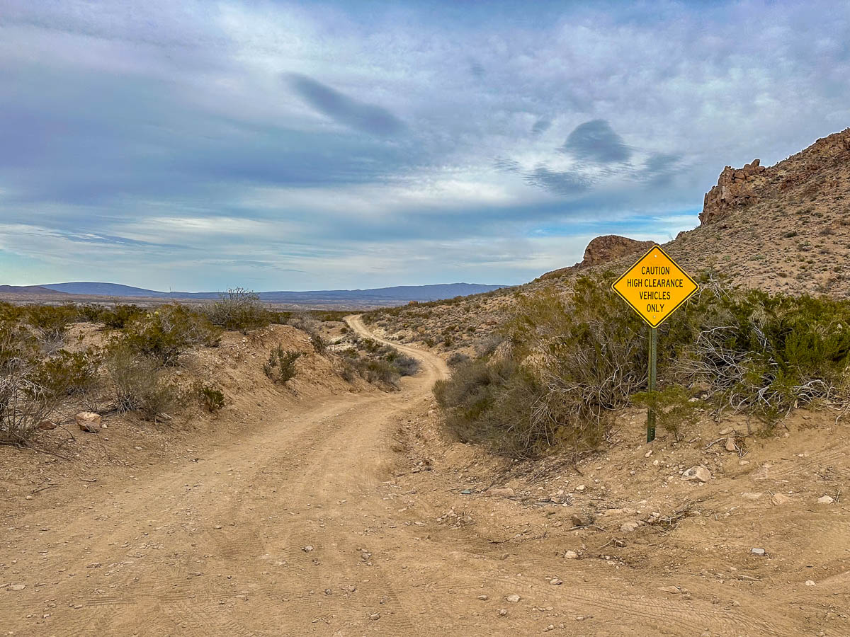 High clearance vehicles sign along Grapevine Spring Road through Big Bend National Park in Texas