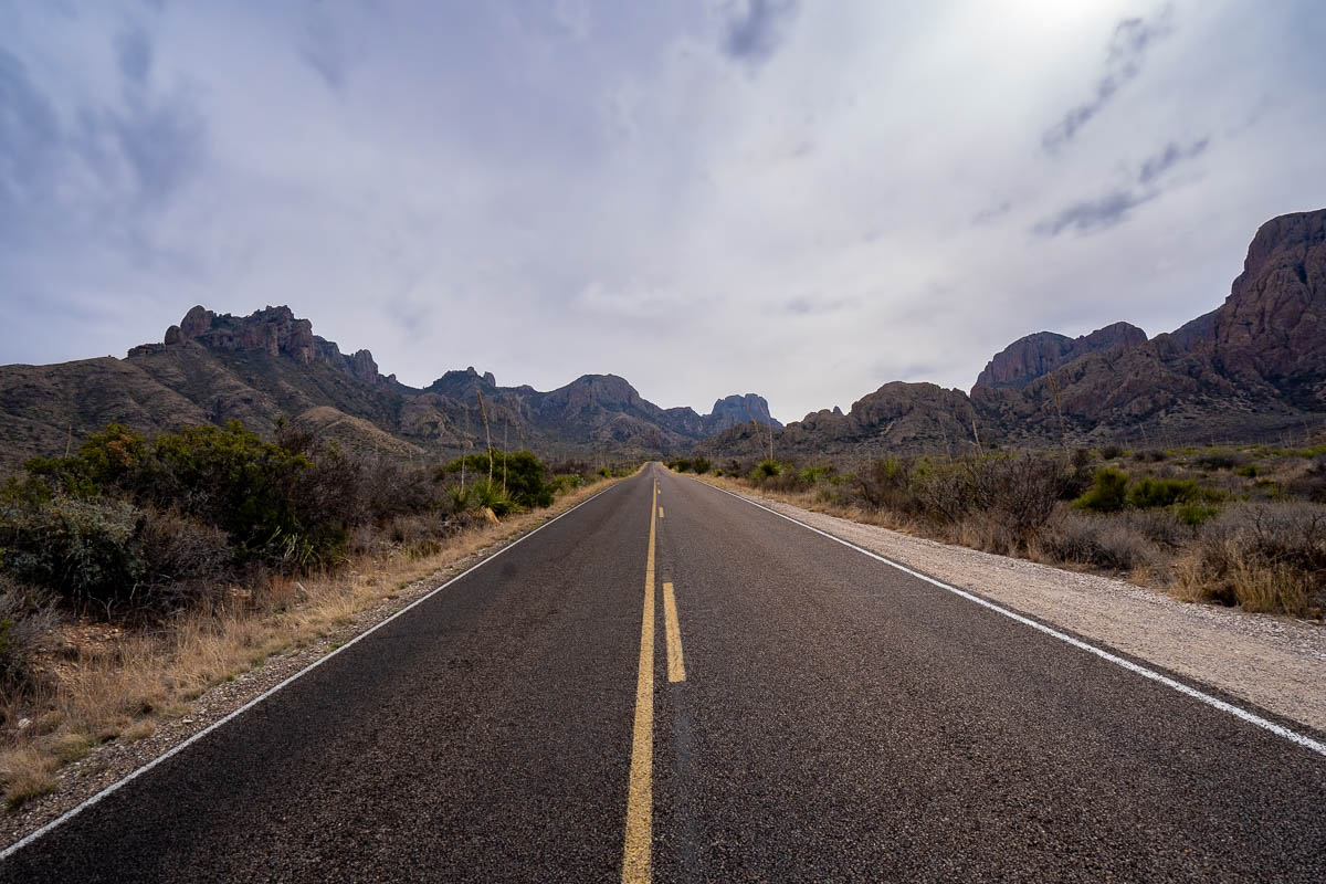 Road leading through the Chisos Mountains in Big Bend National Park in Texas