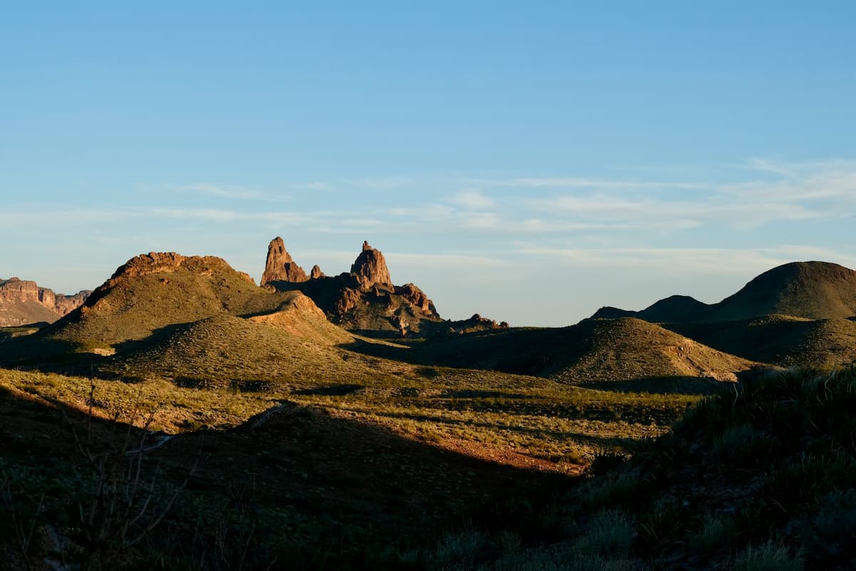 Mule Ears mountains and the surrounding hills along Ross Maxwell Scenic Drive in Big Bend National Park