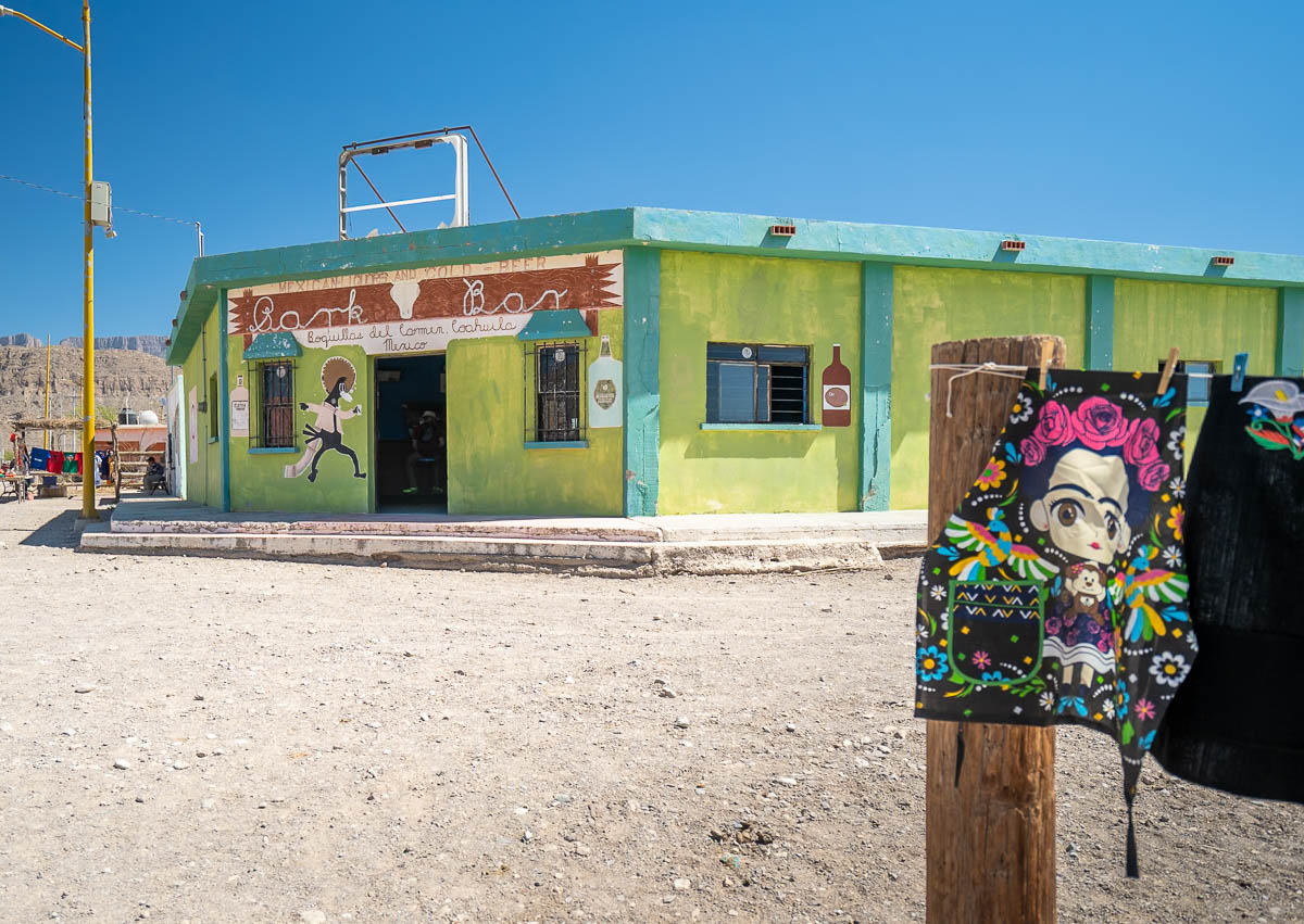 Printed apron hanging on a clothes line in front of the Park Bar in Boquillas del Carmen, Mexico