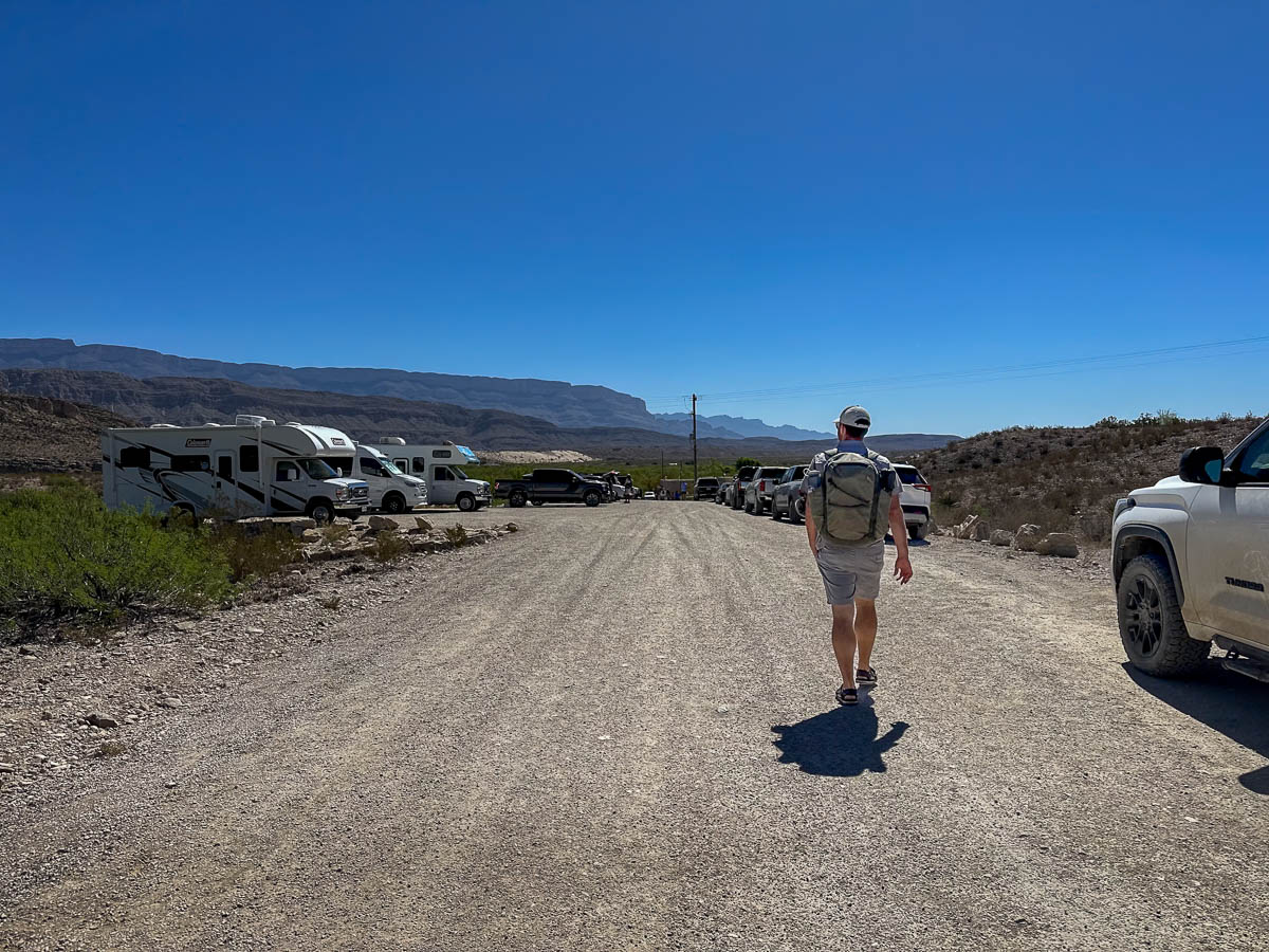 Man walking down the road towards the Boquillas Crossing Port of Entry in Big Bend National Park, Texas