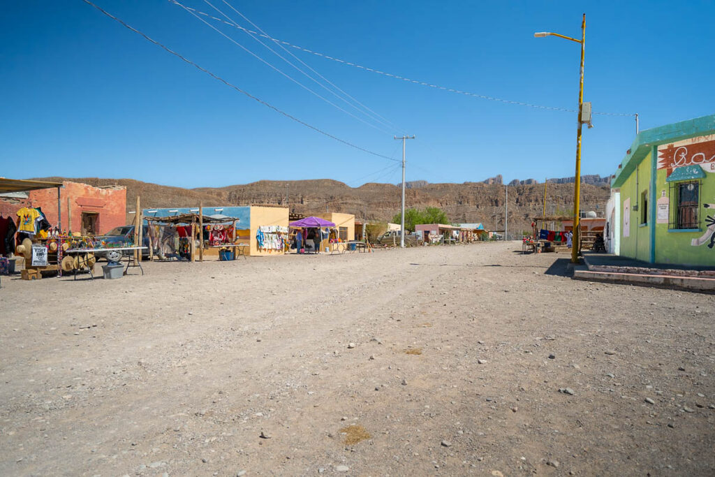 Colorful buildings lining street in Boquillas del Carmen, Mexico near Big Bend National Park