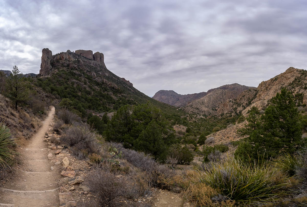 The Lost Mine Trail leading uphill with the Chisos Mountains in the background in Big Bend National Park in Texas