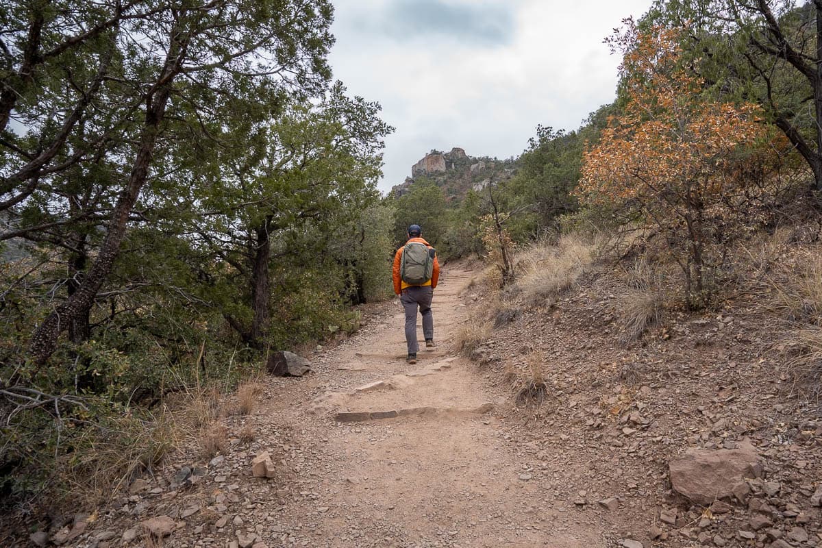 Man climbing uphill towards a cliff along the Lost Mine Trail, surrounded by trees, in Big Bend National Park in Texas