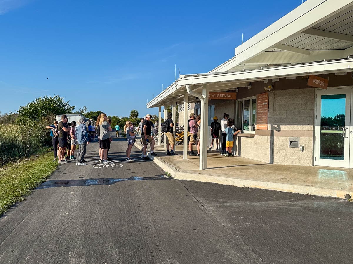 Line of people waiting to rent bikes at the Shark Valley Visitor Center in Shark Valley in the Everglades National Park