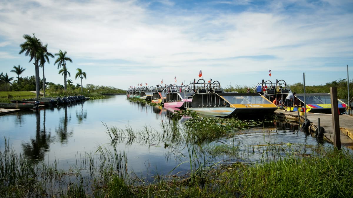 Airboats waiting at a dock in the Everglades