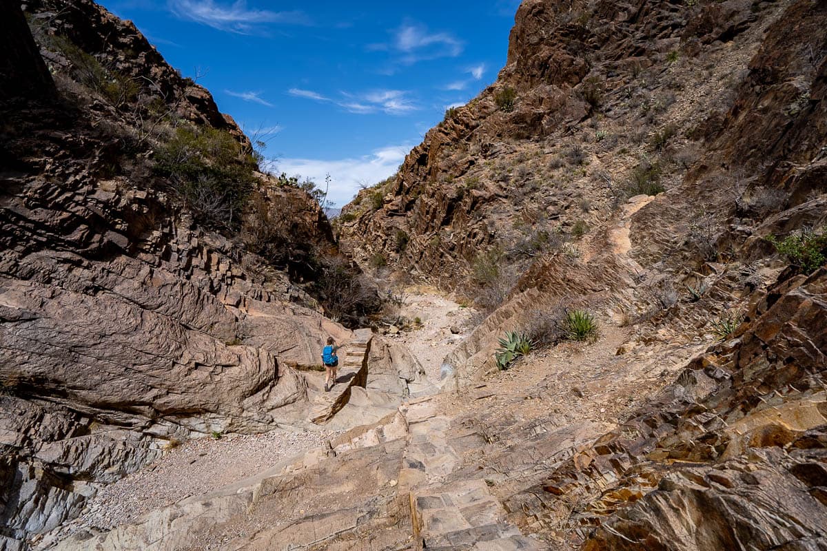 Woman hiking up stairs carved into rocks between two canyon walls along the Window Trail in Big Bend National Park in Texas