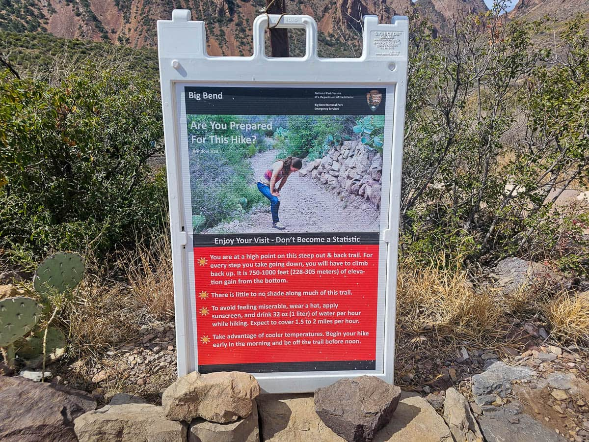 Sign regarding dehydration along the Window Trail in Big Bend National Park