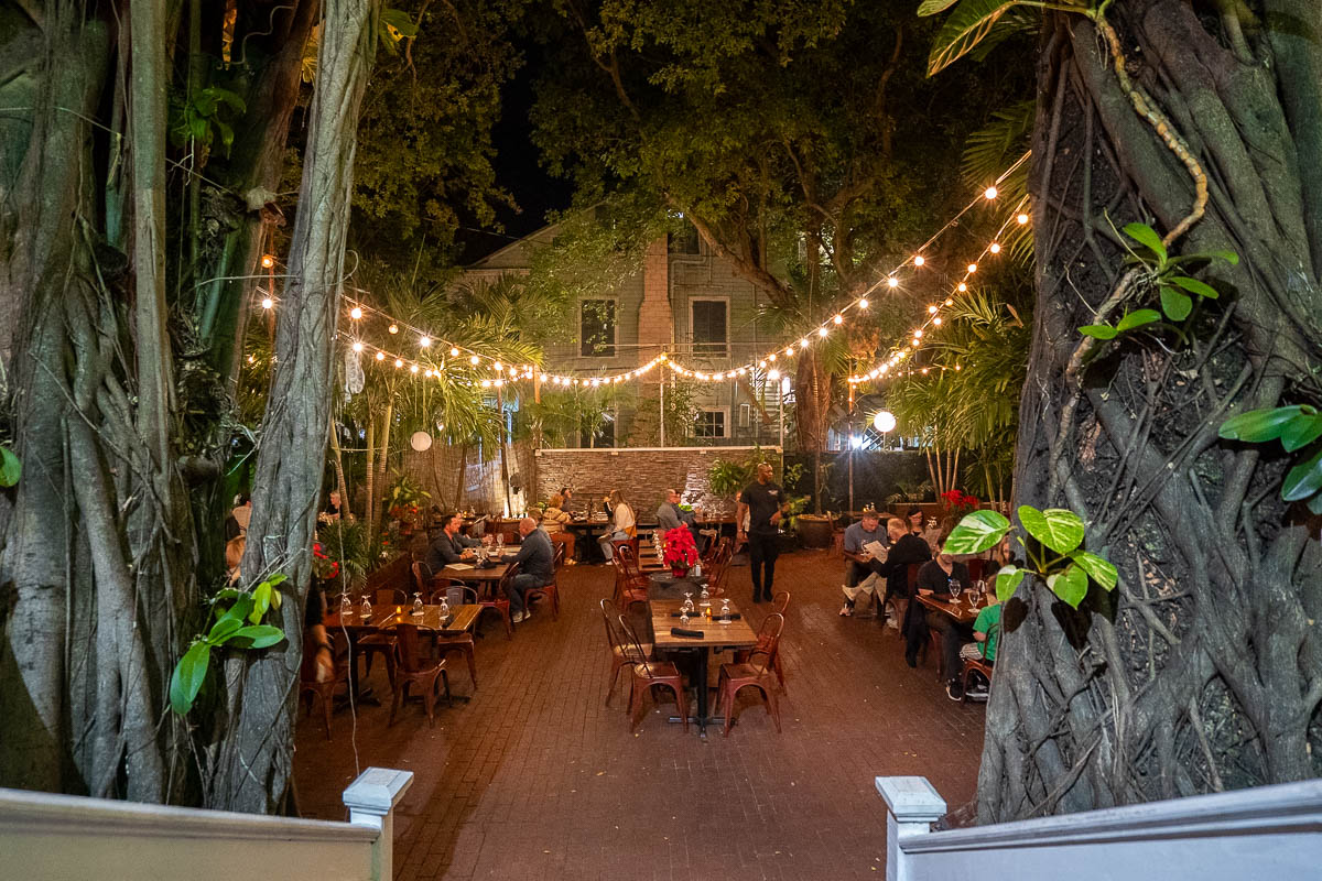 Fairy lights over the patio at First Flight Brewery in Key West, Florida