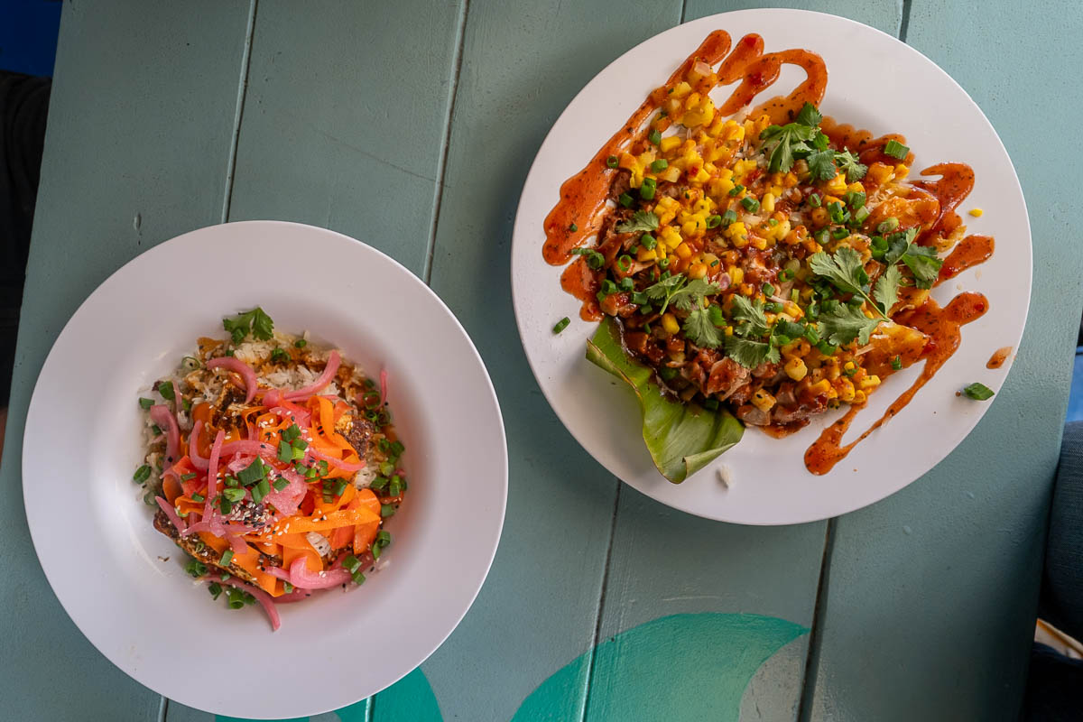 Aerial view of plates at Kaya Island Eats in Key West, Florida