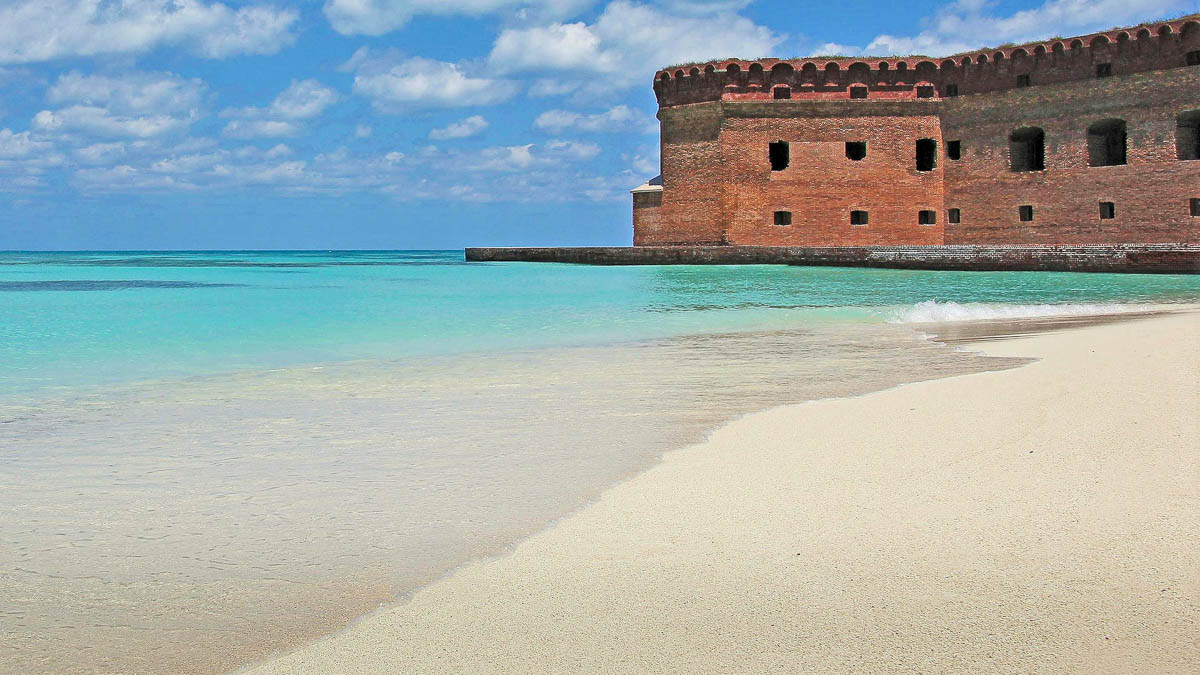 Fort Jefferson with a beach in the foreground in Dry Tortuga National Park near Key West, Florida