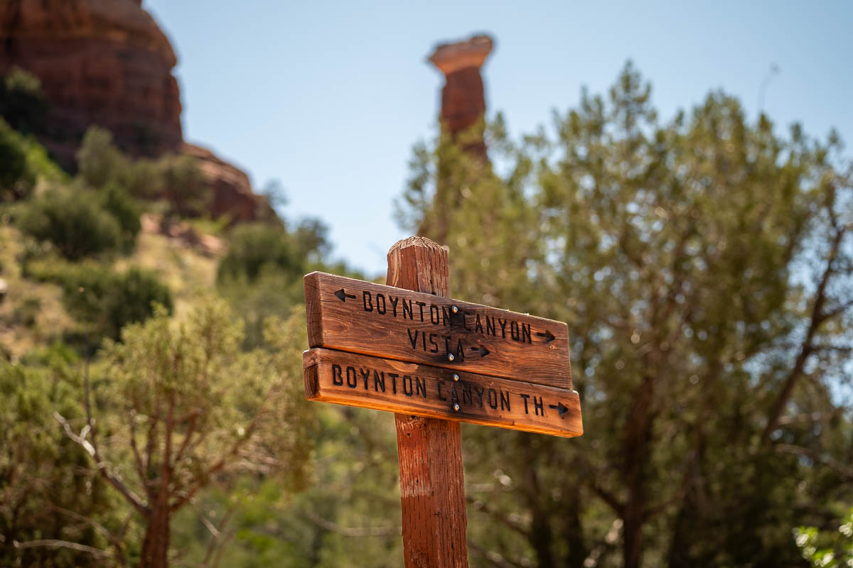 Trailhead sign for Boynton Canyon Vista and Boynton Canyon Trailhead in Sedona, Arizona