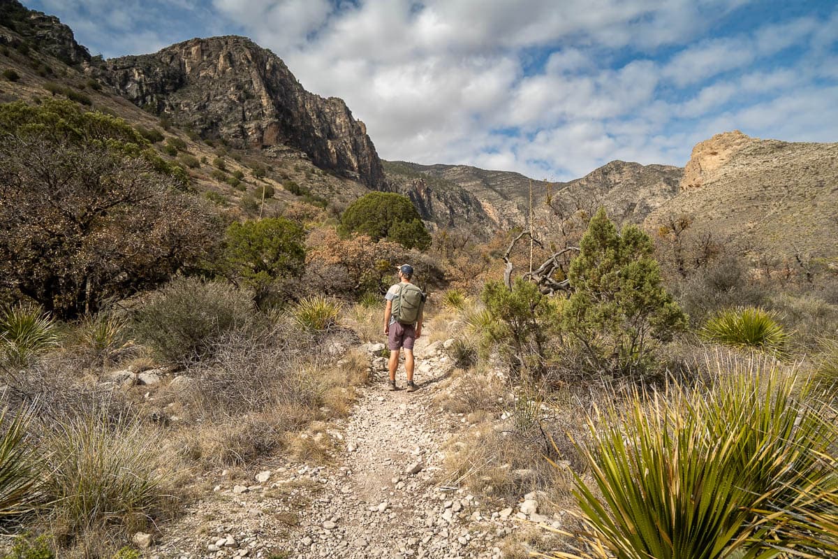 Man walking along the Devil's Hall Trail with Guadalupe Peak in the background in the Guadalupe Mountains National Park in Texas