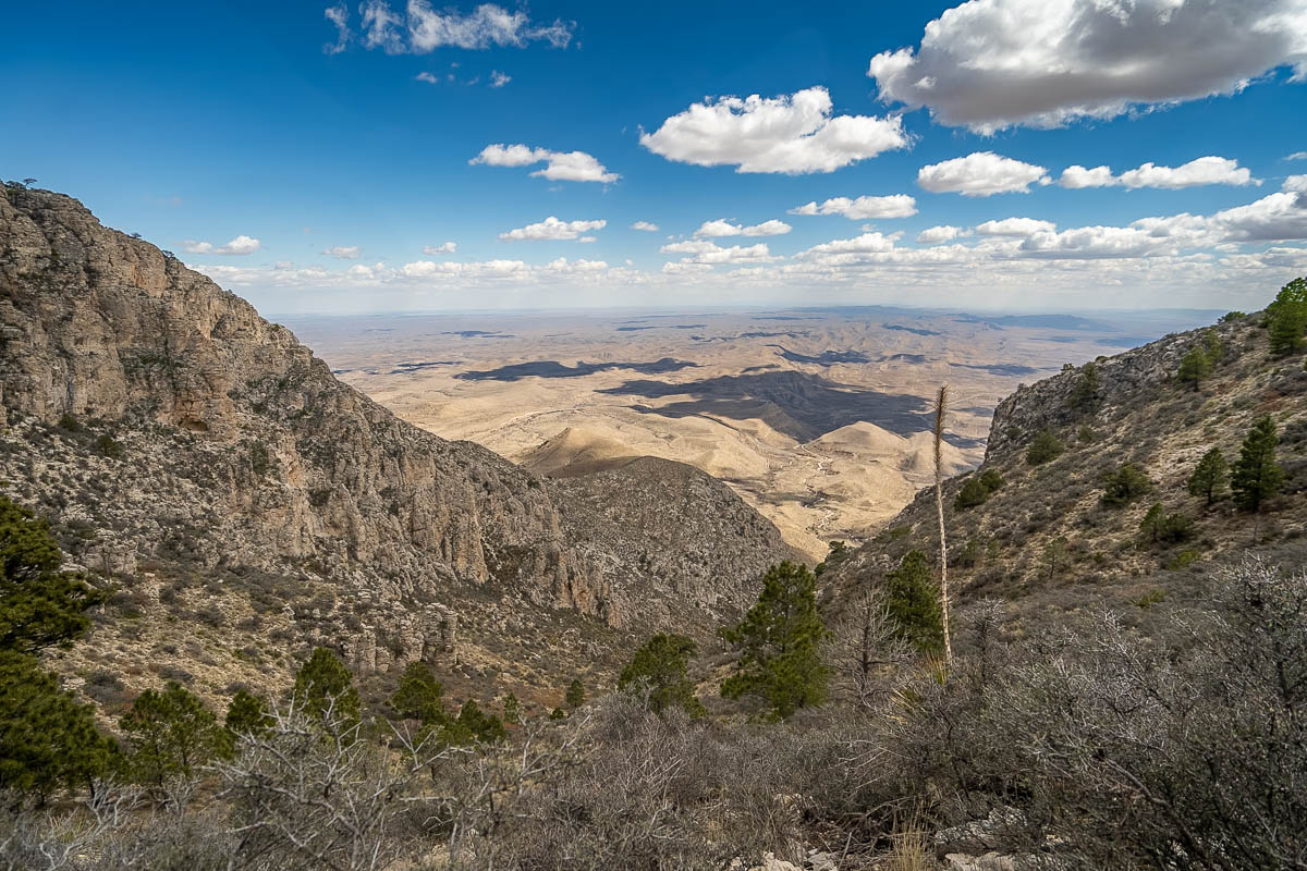 Mountains and Chihuahuan Desert along the Guadalupe Peak Trail at the Guadalupe Mountains National Park in Texas