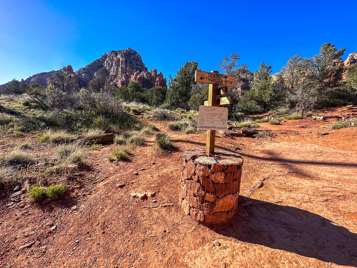 Trail sign for Teacup and Thunder Mountain Trails in Sedona, Arizona