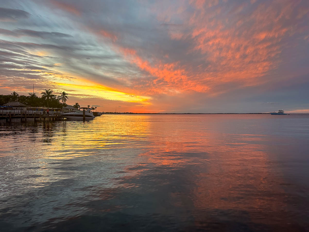 Sunset from the dock on the Caribbean Club in Key Largo in the Florida Keys, Florida