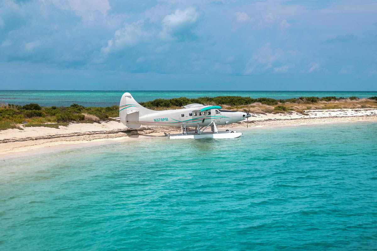 Seaplane landing in Garden Key in Dry Tortugas National Park in the Florida Keys, Florida