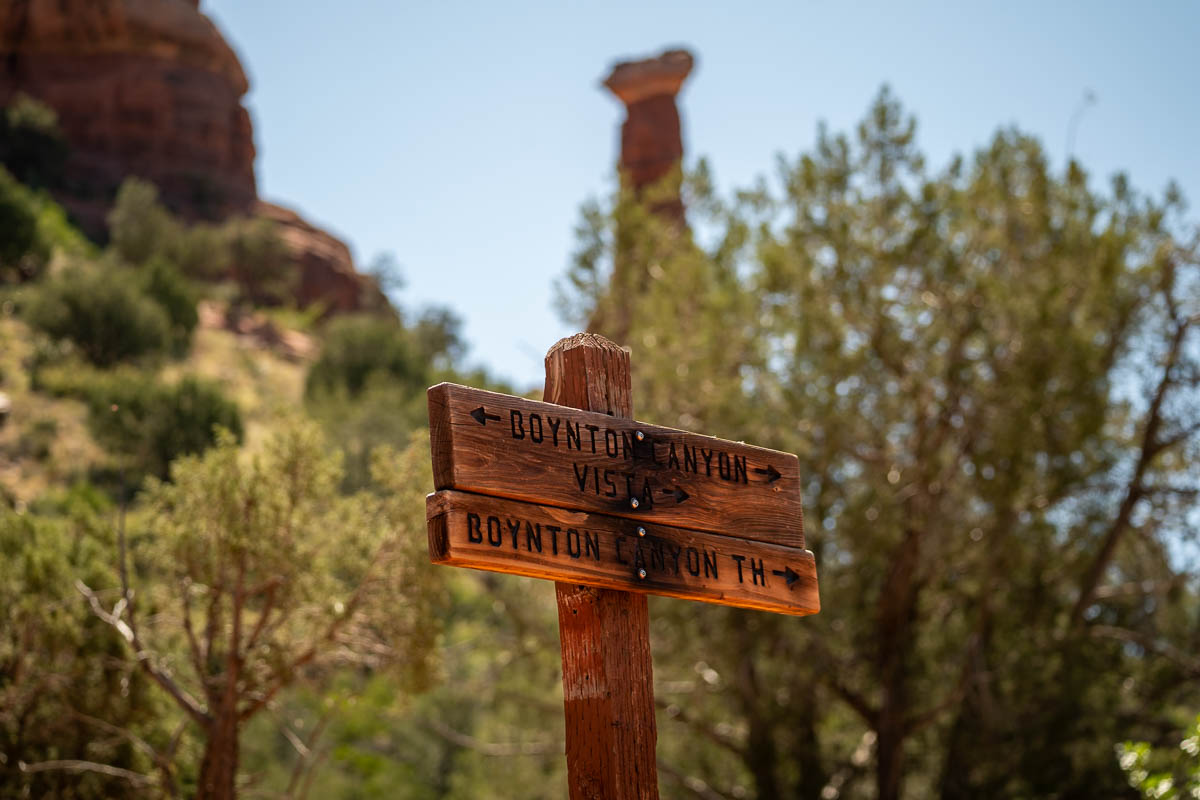 Trailhead signs for Boynton Canyon and Boynton Vista Trails in Sedona, Arizona