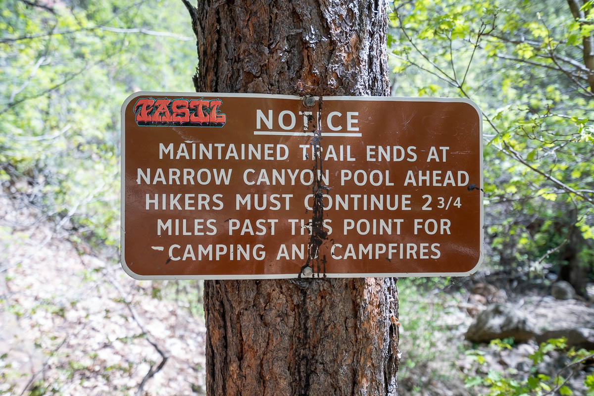 Sign for the end of the maintained path of the West Fork Trail in Sedona, Arizona