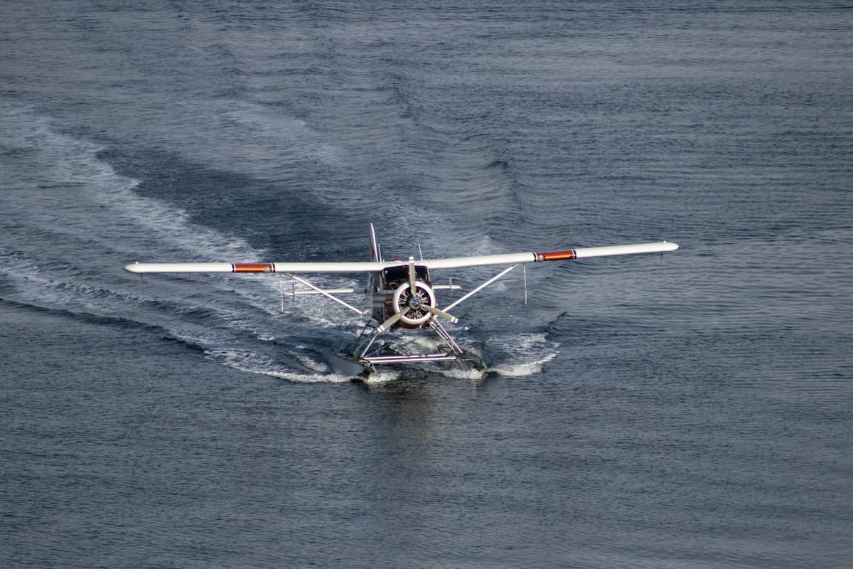 Sea plane landing on Naknek Lake in Katmai National Park in Alaska