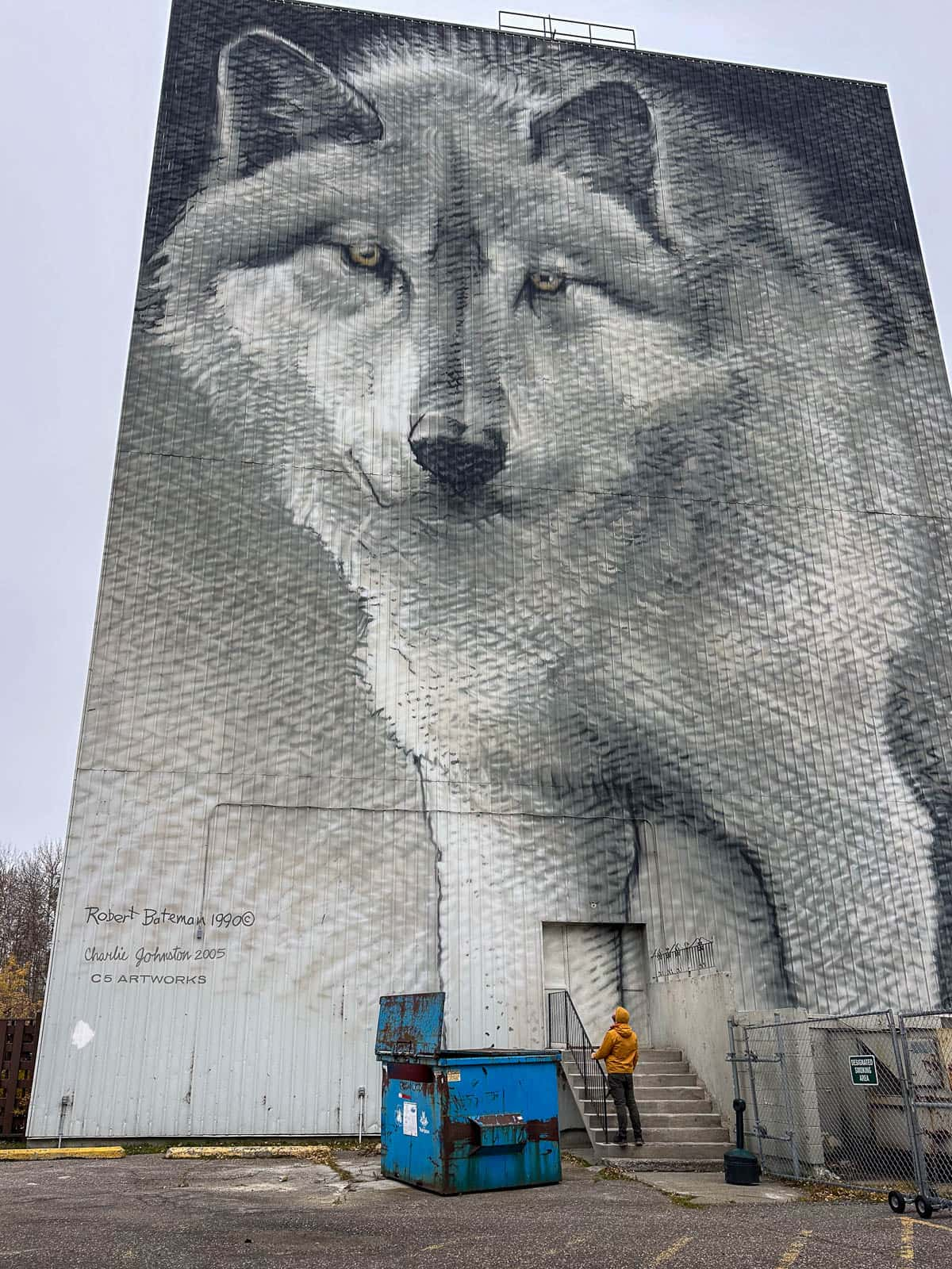 Man standing on stairs at the base of an apartment building with a wolf mural in Thompson, Manitoba