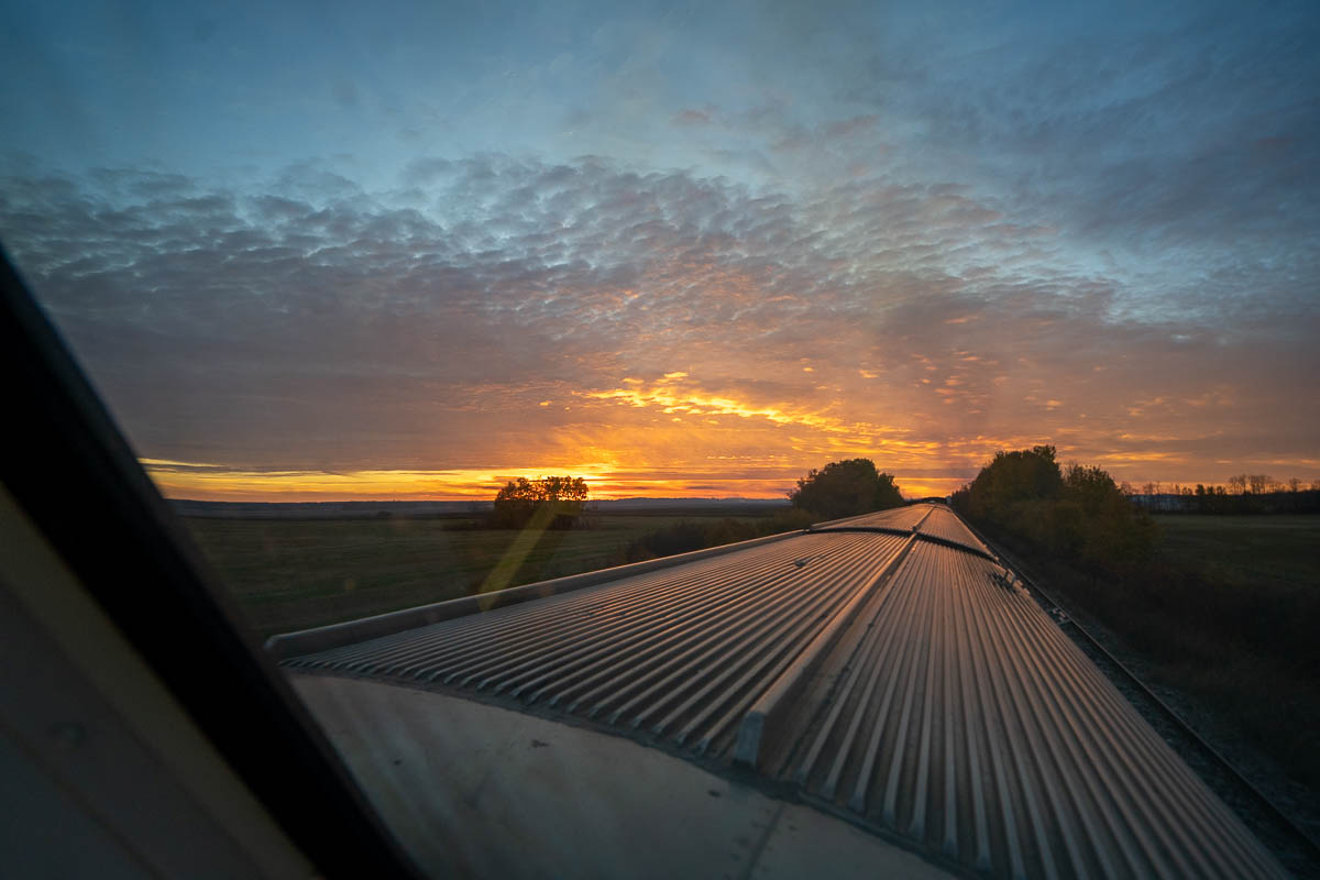 View of the sunset from the Skyline Dome car from the Via Rail train in Churchill, Manitoba