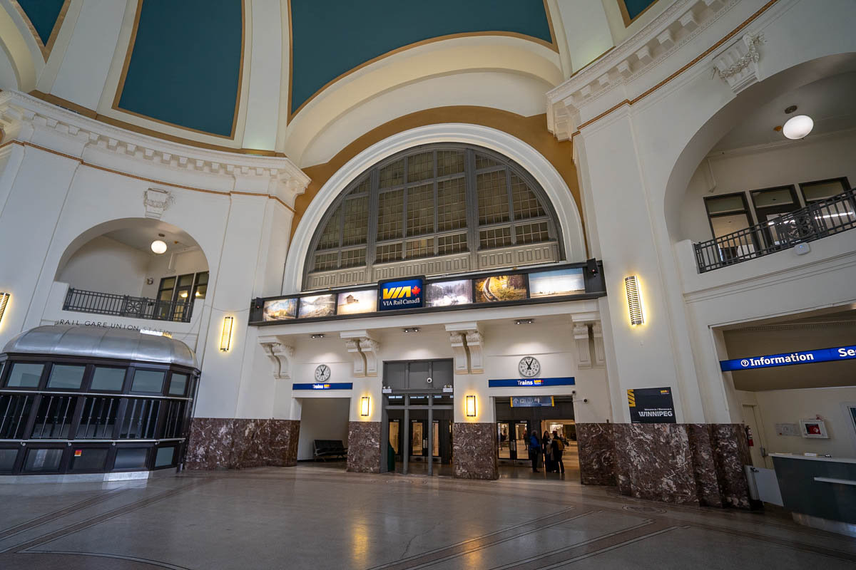 Via Rail sign in Union Station in Winnipeg, Manitoba 