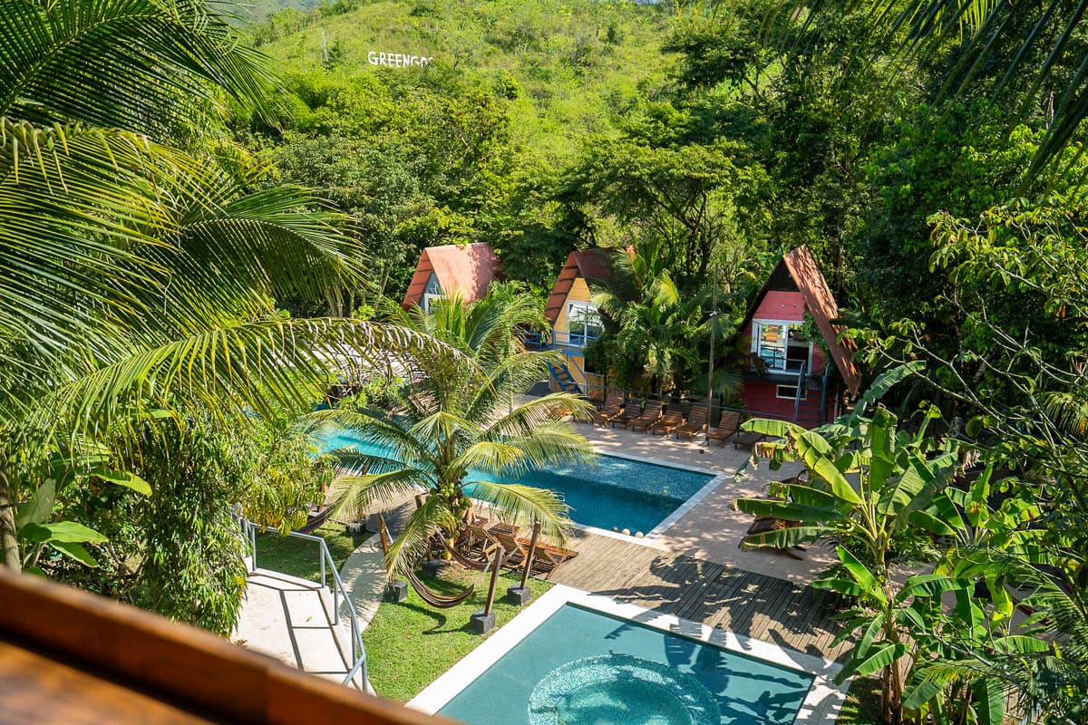 A-frame cabins at the Greengo's Hotel in Lanquin, Guatemala