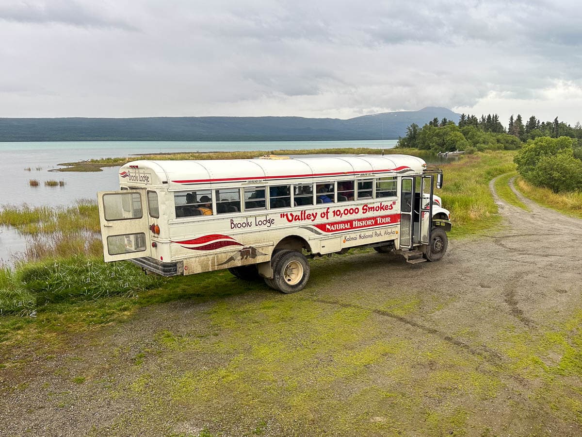 School bus for the Valley of Ten Thousand Smokes tour in Katmai National Park in Alaska