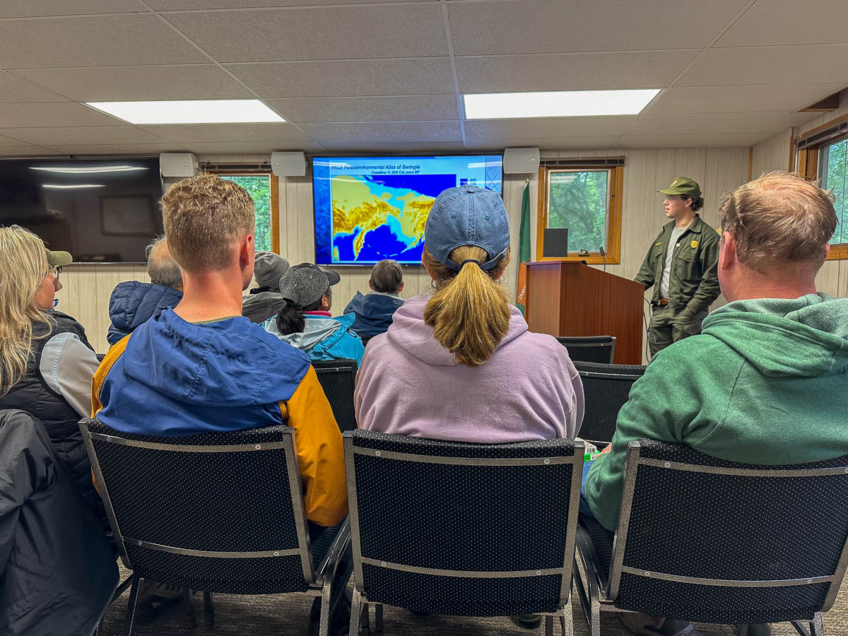 Ranger giving in a lecture in Brooks Camp Auditorium in Katmai National Park in Alaska