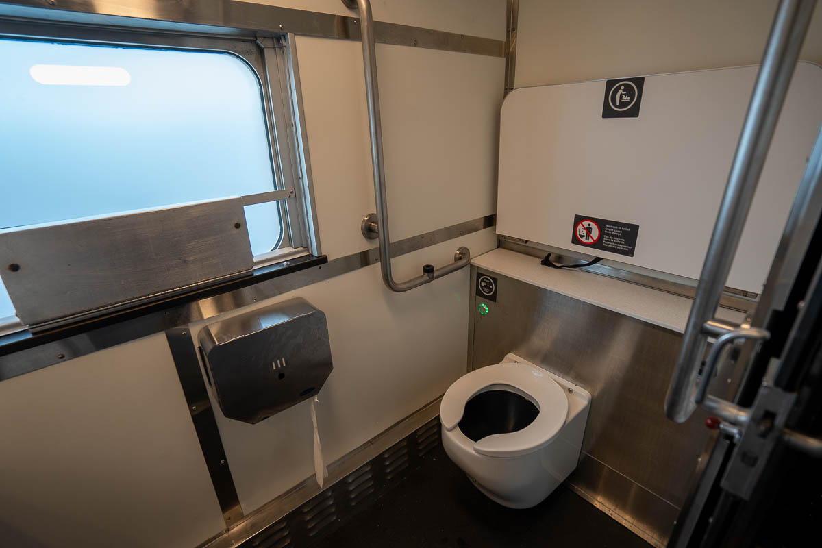 Bathroom on the economy car of the Via Rail train to Churchill, Manitoba, Canada