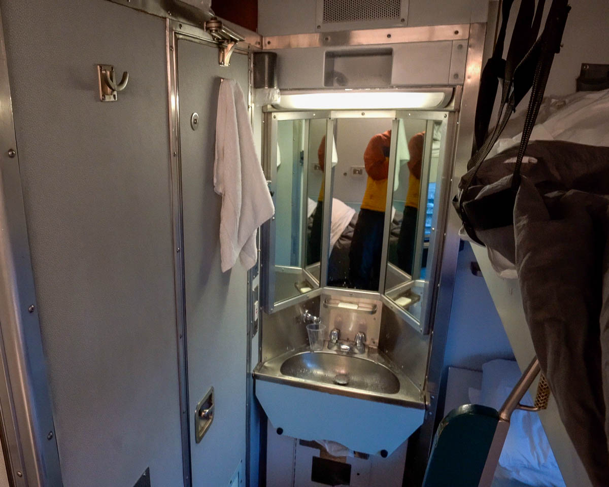 Sink in a triple cabin on the sleeper class on the Via Rail train to Churchill, Manitoba