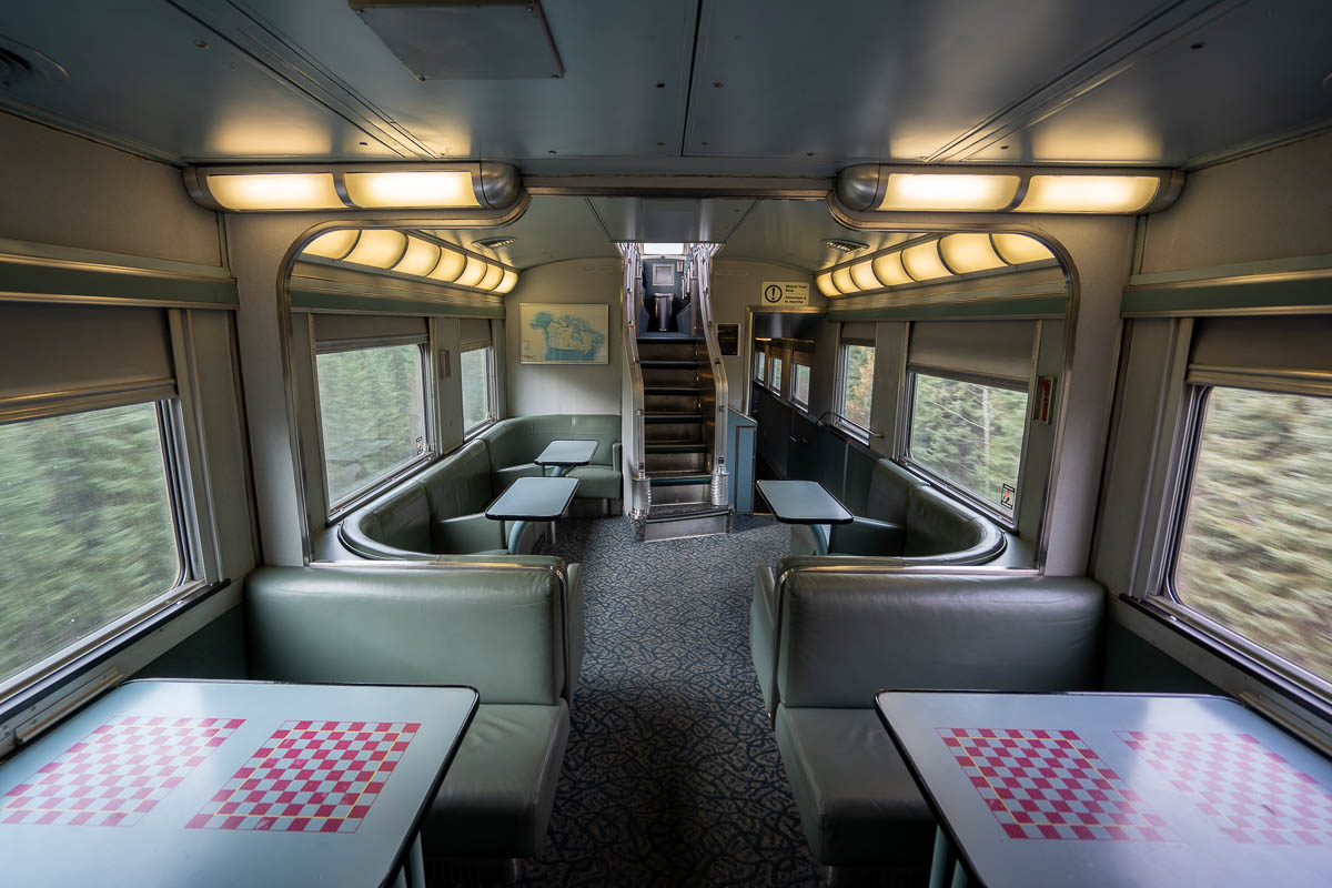 Lounge area of the Skyline Dome car on the Via Rail train to Churchill, Manitoba, Canada