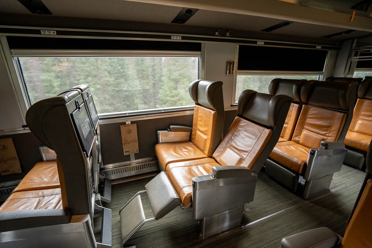 Leather economy seats that recline on the Via Rai train in Churchill, Manitoba, Canada