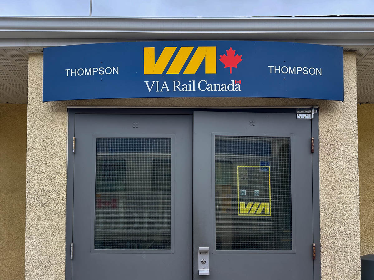 Via Rail sign in Thompson, Manitoba, Canada