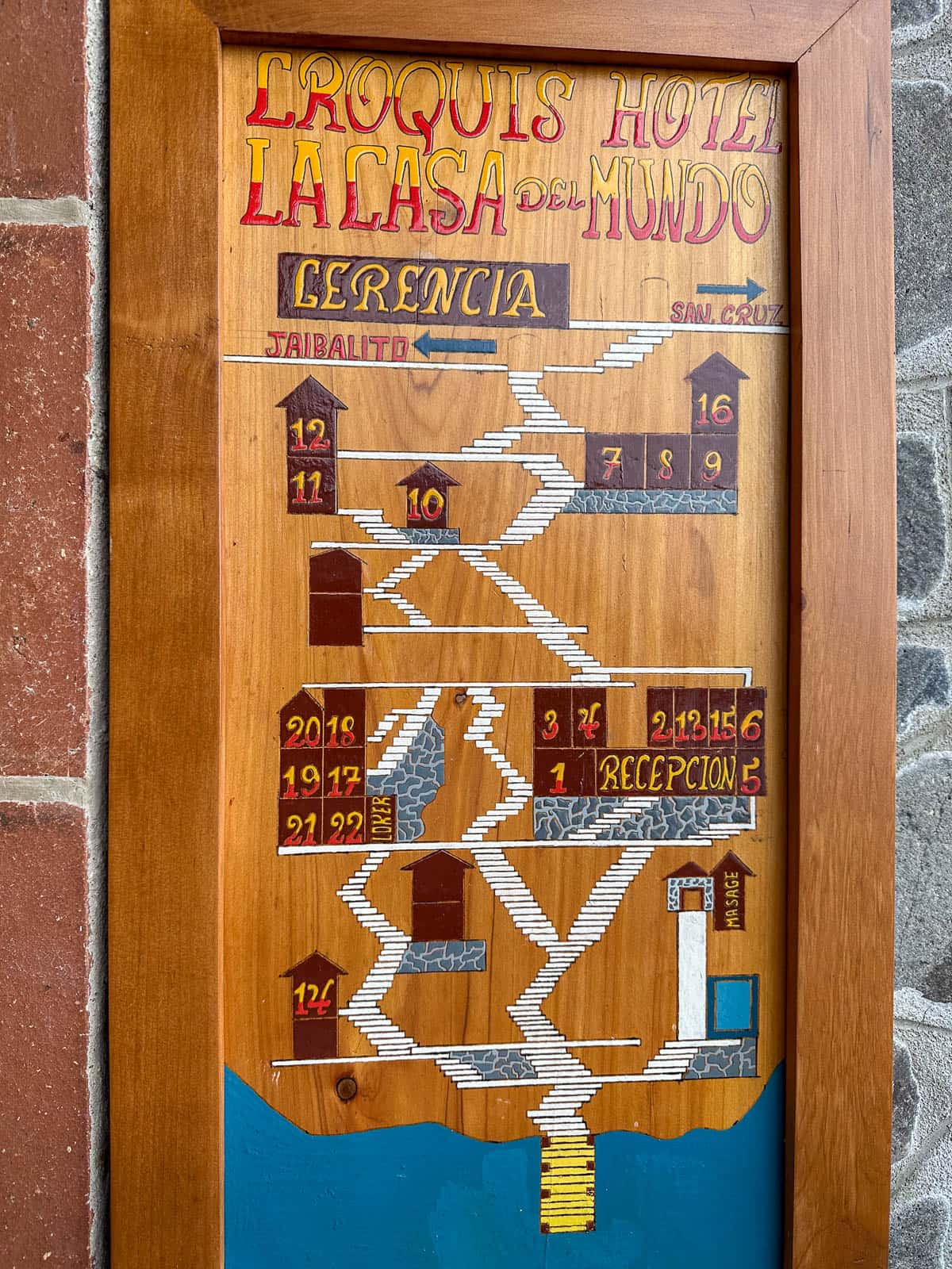 Map of rooms and staircases at Casa del Mundo at Lake Atitlan, Guatemala