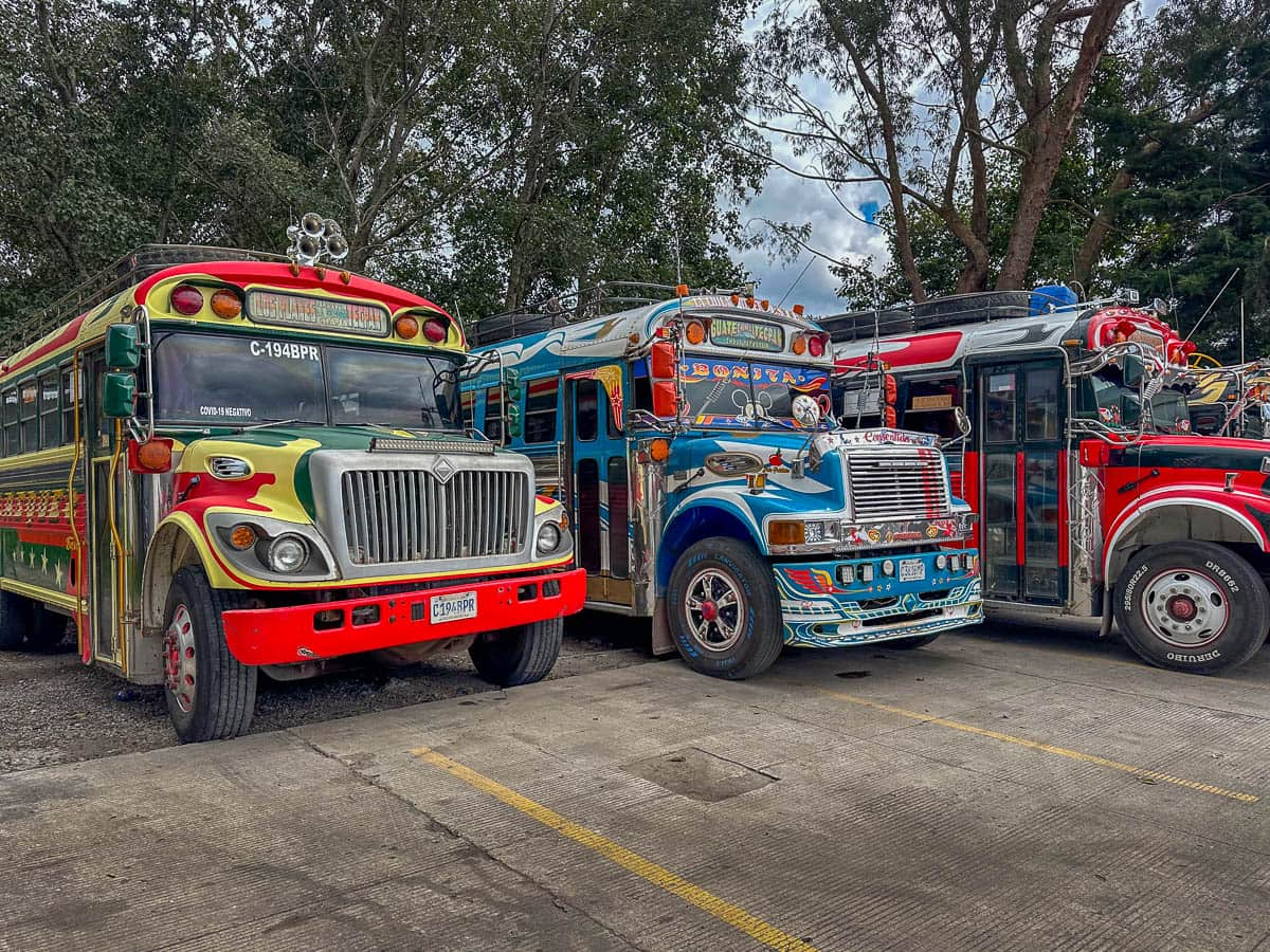 Chicken buses parked in a gas station with trees in the background in Guatemala