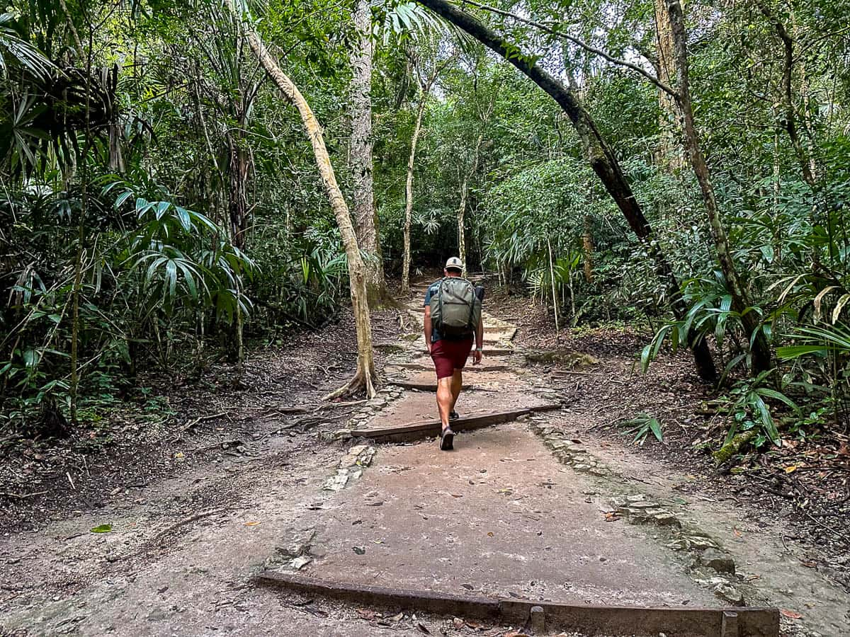 Man walking along a hiking trail in Tikal National Park in Guatemala