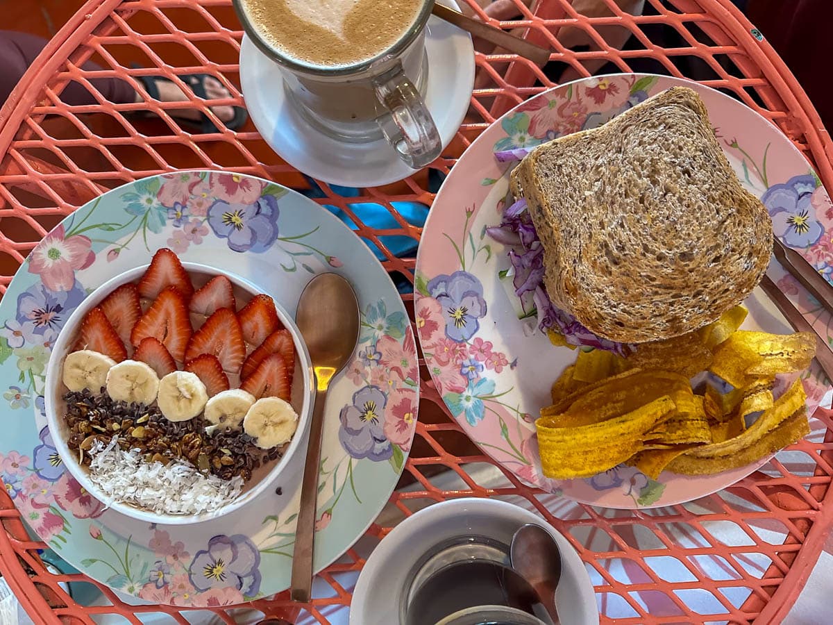 Aerial view of breakfast at restaurant in Hotel Isla de Flores in Flores, Guatemala