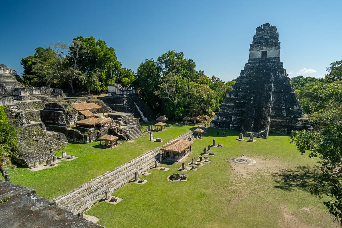 Temple I rising above Grand Plaza in Tikal National Park in Guatemala