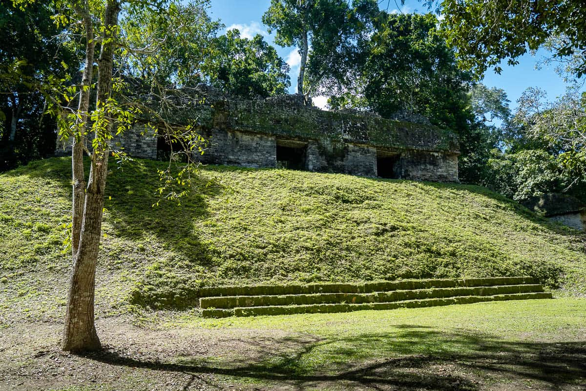 Temple sitting on top of a grassy hill at Tikal National Park in Guatemala