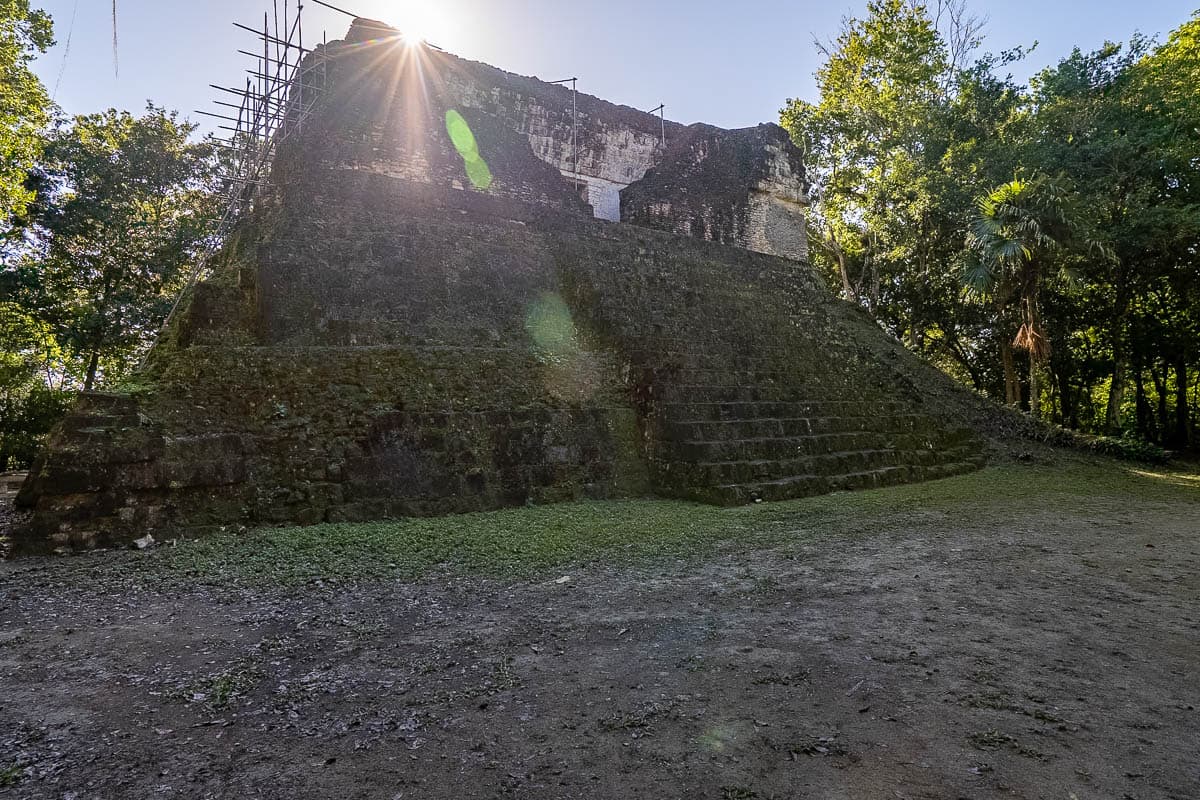 Temple with scaffolding in Tikal National Park in Guatemala