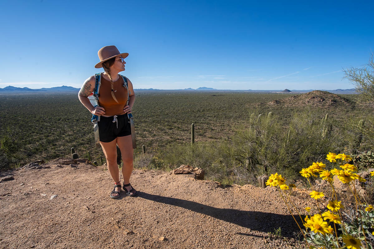 Woman standing at the viewpoint at the Valley View Overlook Trail at Saguaro National Park in Tucson, Arizona