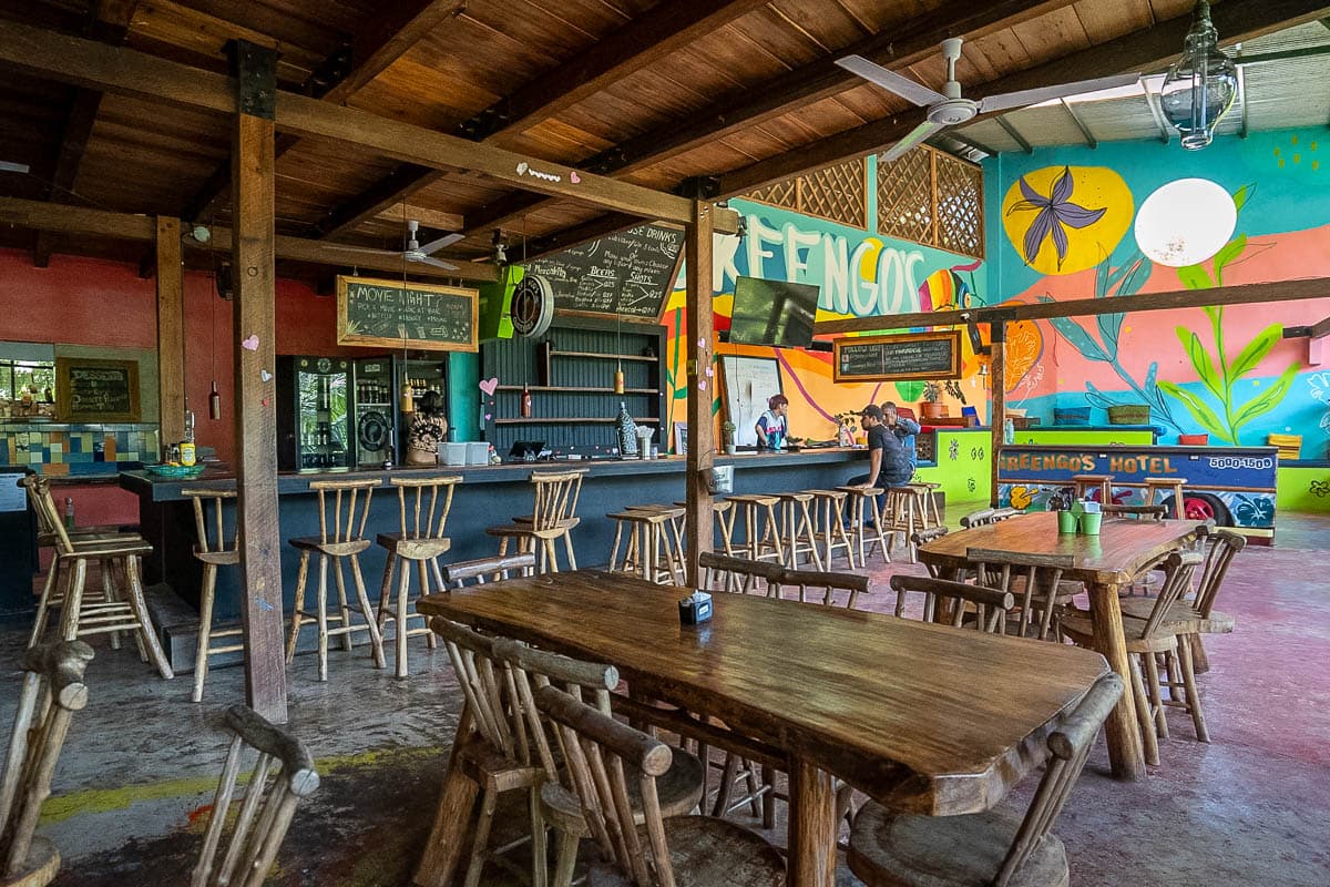 Colorful bar and restaurant area at Greengos Hotel near Semuc Champey, Guatemala