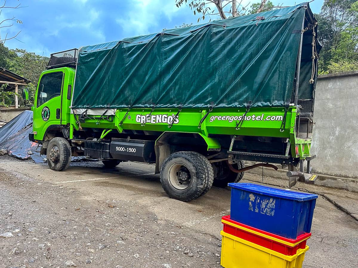 Camioneta truck parked in front of Greengos Hotel near Semuc Champey, Guatemala