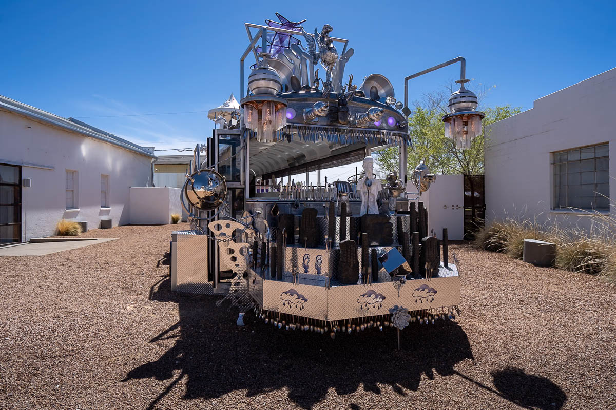 Silver school bus art piece in Ballroom Marfa in Marfa, Texas