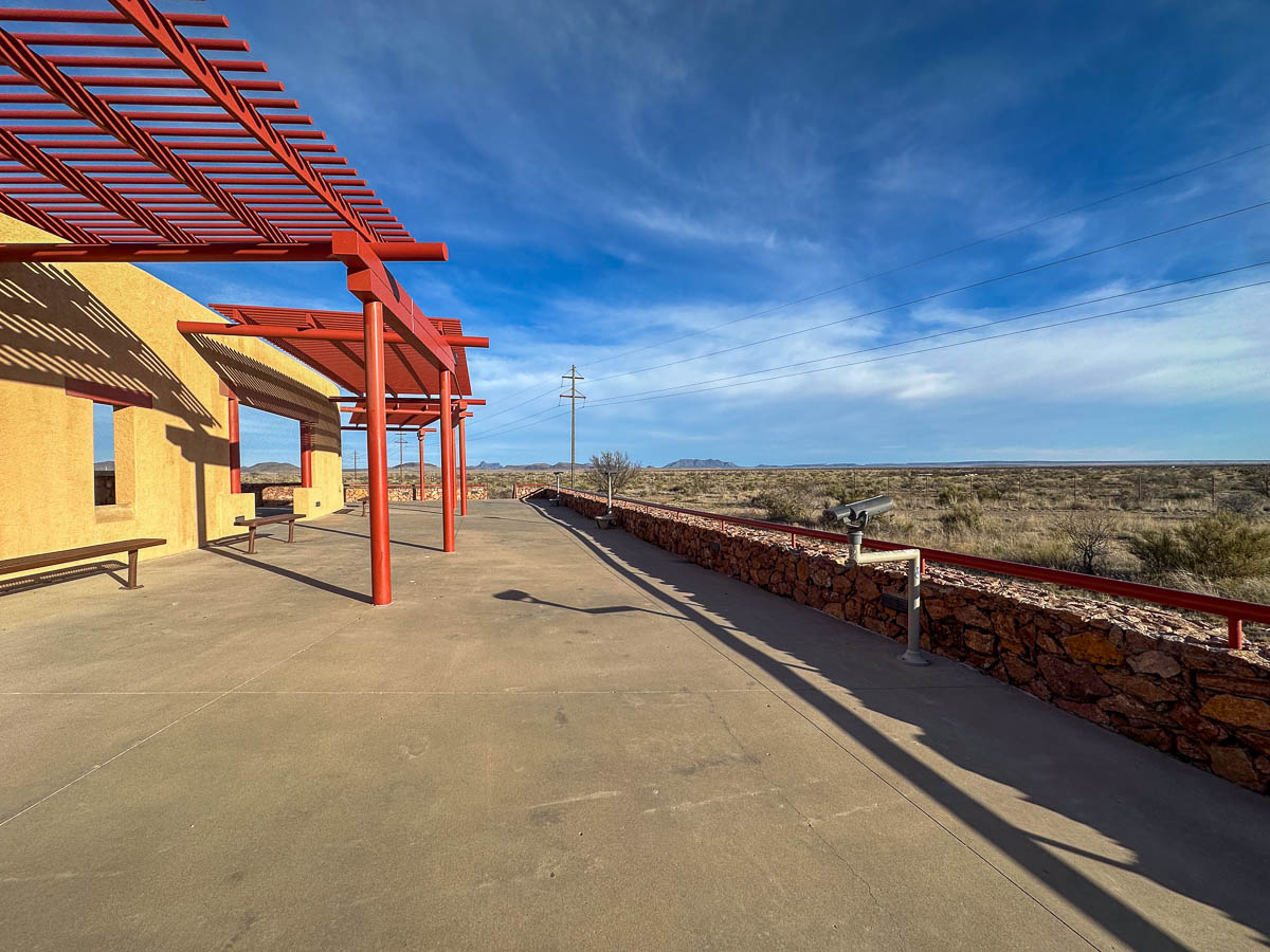 Observation platform and binoculars at the Marfa Mystery Lights Viewing Area in Marfa, Texas