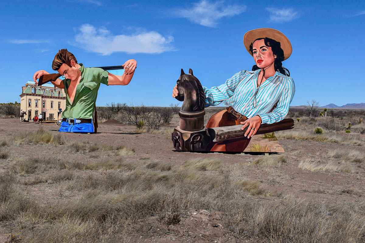 Art installation of James Dean and Elizabeth Taylor in the desert in Marfa, Texas