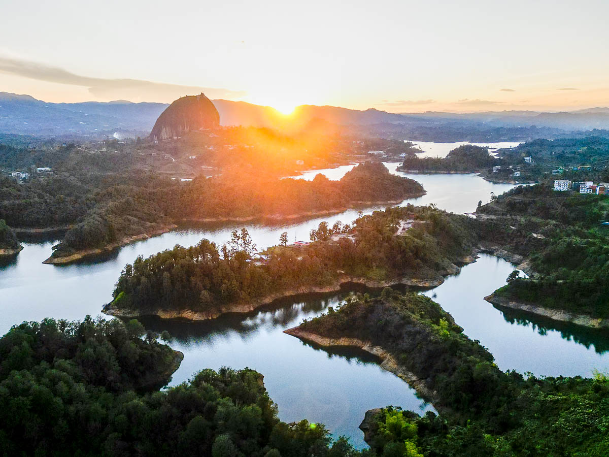 Aerial view of Piedra el Penol and Guatape-Penol Reservoir at sunset in Guatape, Colombia